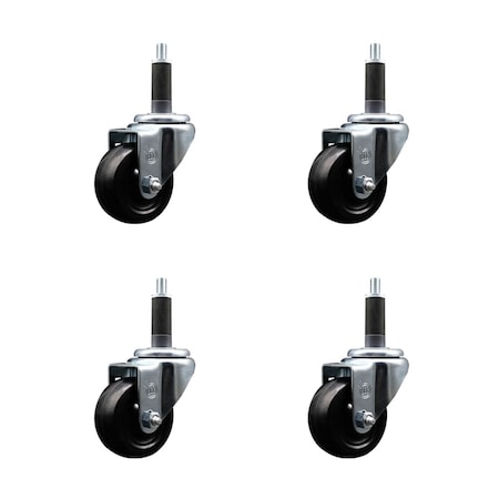 Service Caster 3'' SS Hard Rubber Wheel Swivel 1'' Expanding Stem Caster Set, 4PK SCC-SSEX20S314-HRS-1-4